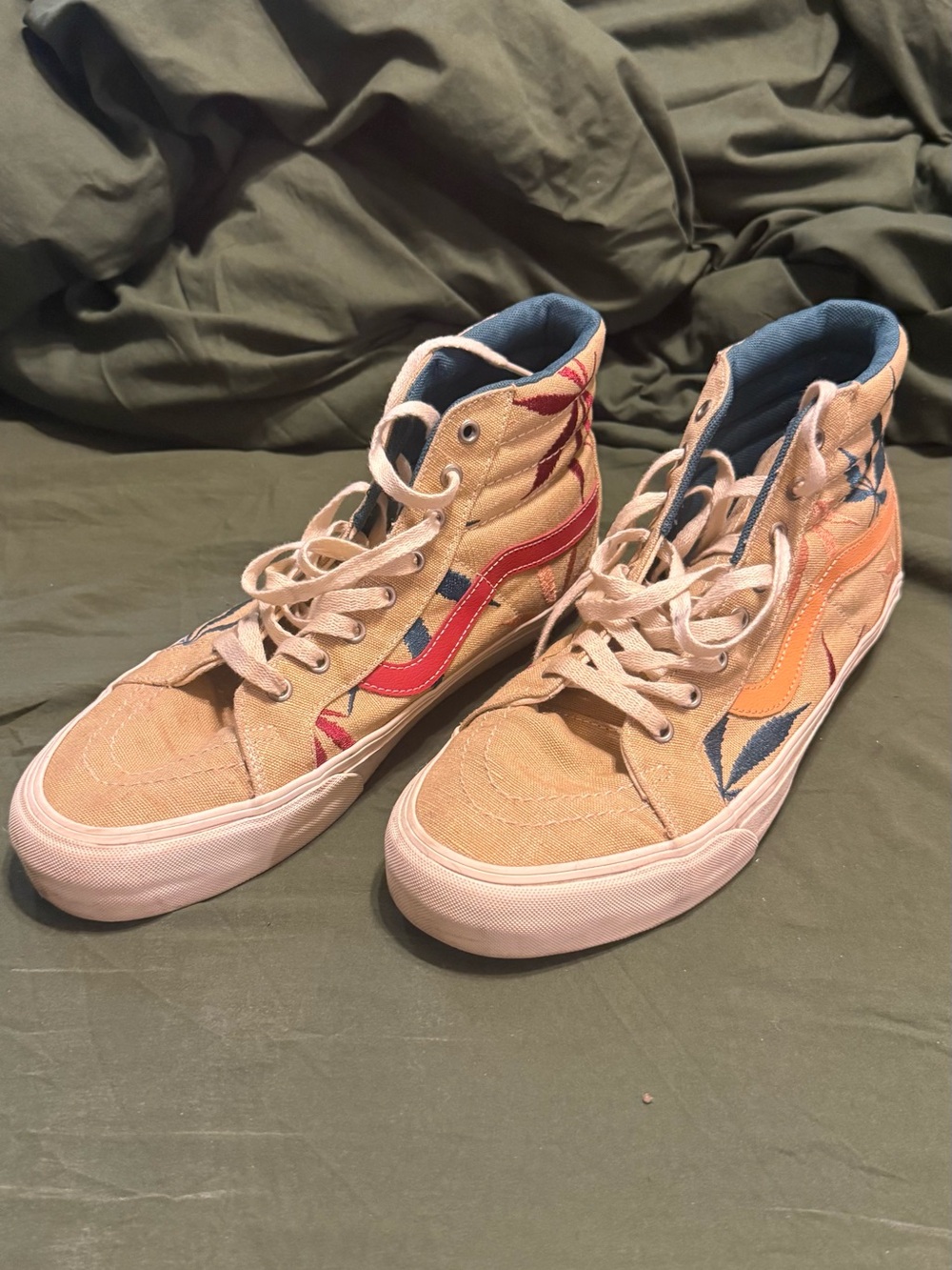 Vans Tan Canvas High-Tops with Blue Lining and Red Side Detail